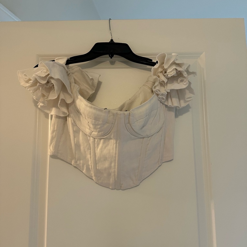 Bardot White Off-Shoulder Top with Floral Sleeves - Picture 3 of 3